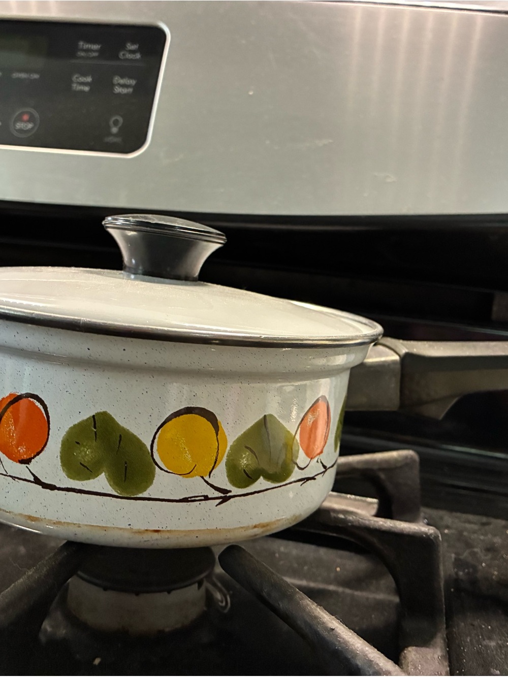 Vintage Austrian Email White Enamel Covered Casserole with Fruit Motif